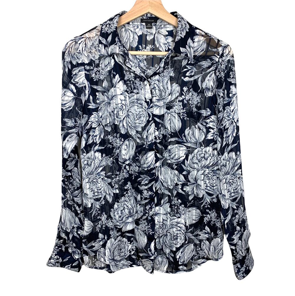 Ann Taylor Floral Button Down Blouse XS Extra Small Navy Blue White
